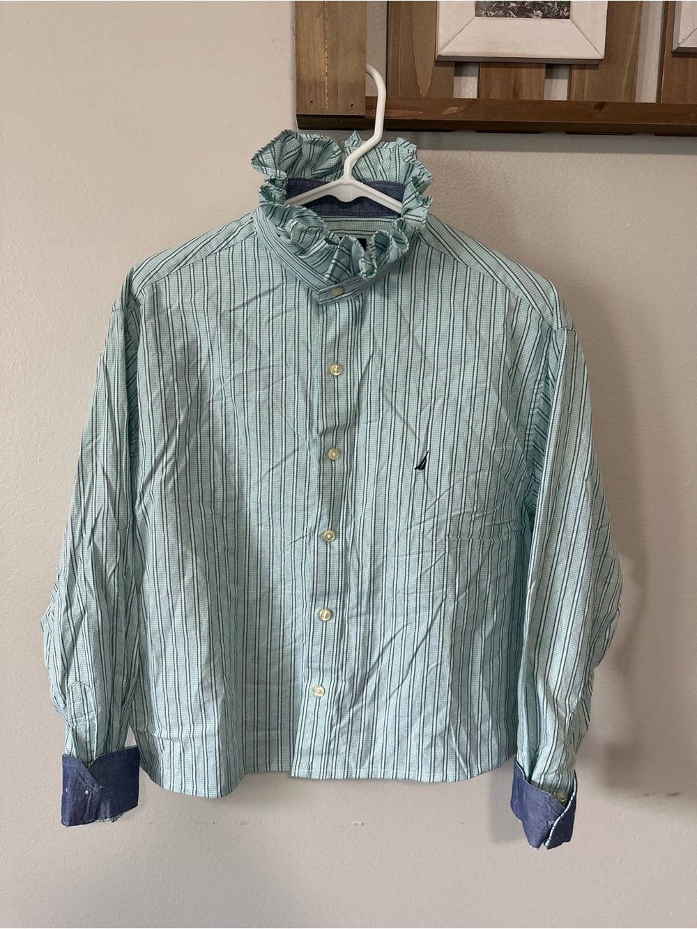Nautica Mint Green Striped Ruffle Collar Button-Down Shirt